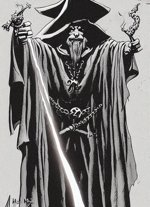Image similar to highly detailed, hyper realistic wizard with a dungeon background by mike mignola