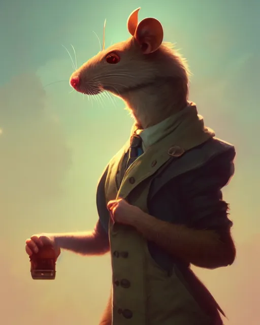 Image similar to highly detailed vfx portrait of an anthropomorphic rat, unreal engine, greg rutkowski, loish, rhads, beeple, makoto shinkai and lois van baarle, ilya kuvshinov, rossdraws, tom bagshaw, alphonse mucha, global illumination, detailed and intricate environment