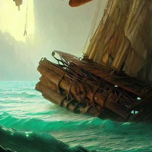 Image similar to shipwreck in a tropical bay western, D&D, fantasy, intricate, elegant, highly detailed, digital painting, artstation, concept art, matte, sharp focus, illustration, art by Artgerm and Greg Rutkowski and Alphonse Mucha, masterpiece, stunning, artstation