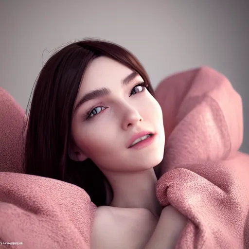 Image similar to 3 d render of a cute thin young woman, red blush, wearing casual clothes, small smile, relaxing on a couch, cozy under a blanket, cozy living room, close up shot, 8 k, octane render, trending on artstation, art by artgerm and irakli nadar, unreal engine 5, hyperrealism, hyperdetailed, ultra realistic