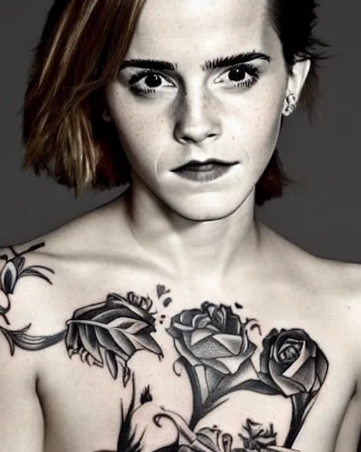 Image similar to emma watson, dope tattoo, hyperrealistic