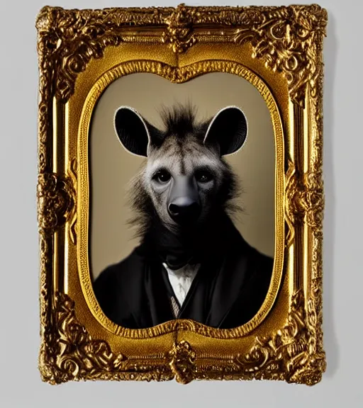 Image similar to professional studio photo portrait of anthro anthropomorphic spotted hyena head animal person fursona wearing elaborate pompous royal king robes clothes gold frame by Louis Daguerre daguerreotype tintype