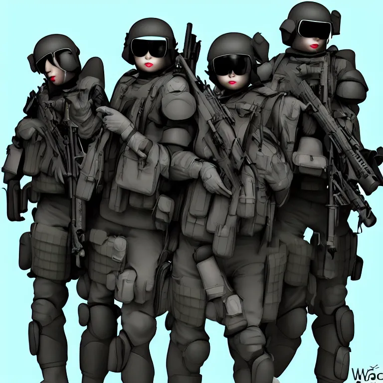 Image similar to kawaii swat team, fashion, photography, highly detailed, realistic, waporwave atmosphere