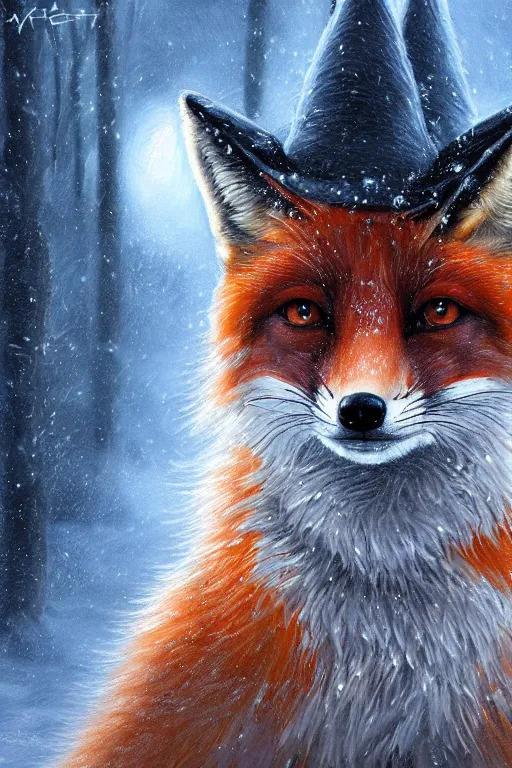 Image similar to a furious fox wizard, snowy background, oil on canvas, intricate, portrait, 8k highly professionally detailed, HDR, wizard hat, CGsociety