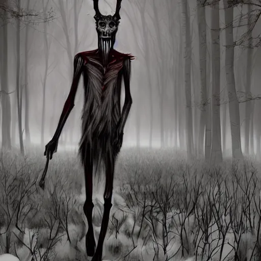 Prompt: horrifying digital art of a blood soaked skinwalker, lanky, skinny, pale skin, snow, forest, dark, horrifying