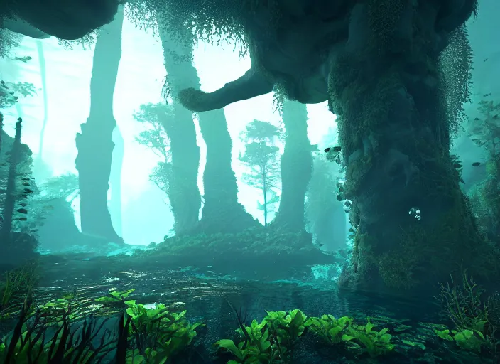 Image similar to a forest that grows upside down entirely underwater. Intricate. Very detailed 8k. Fantasy horror. Sharp. Cinematic post-processing. Unreal engine. Nanite. Ray tracing. Parallax. Tessellation