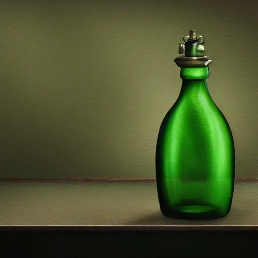Prompt: a painting of a complex mechanical steampunk dark green olive potion bottle on a counter in a dark dusty vintage science lab, by h. r. giger, hyperrealistic fantasy art, concept matte, ethereal, dreamy, digital art, trending on artstation, volumetric cinematic lighting