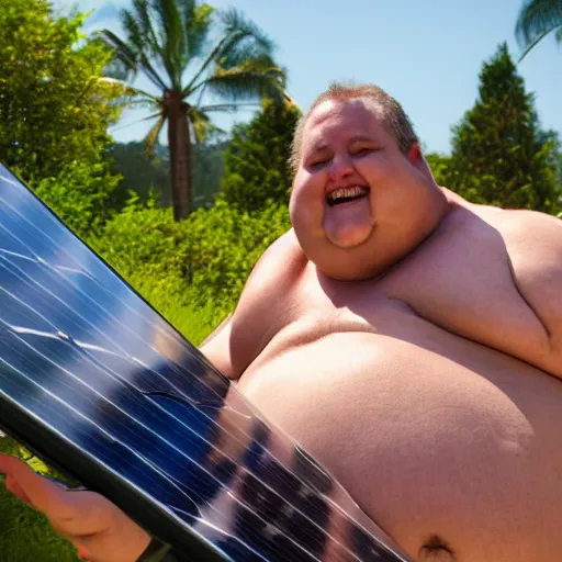 Image similar to happy solar powered morbidly obese ironman enjoying the sunlight, sony ultra camera, hd dslr 8k+