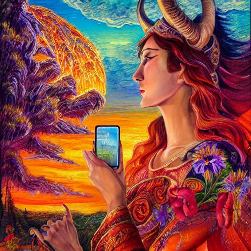 Prompt: acrylic on canvas painting by senior concept artist josephine wall, horned ram goddess checking her cell phone, erupting volcano and sunset in distance, flowers in foreground, trending on artstation, intricately detailed, highly detailed, high resolution, hdr, 8 k