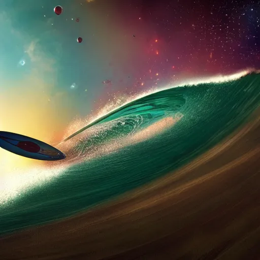 Image similar to photo of a beagle surfing a surfboard on a crashing l wave of alien ocean in space, background is an alien galaxy, aliens in the background, alien colors, octane render, unreal engine, wide view, 8 k, high detaild