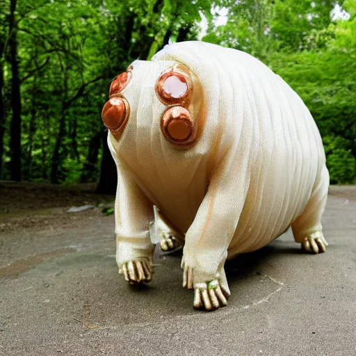Prompt: a photo of a living dog - sized tardigrade with translucent skin walking in a park. the tardigrade evolved to be this large.