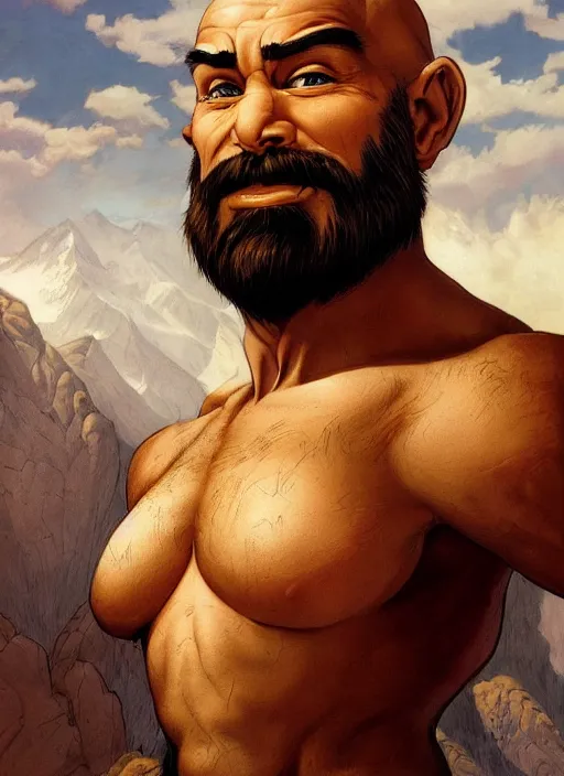 Prompt: a highly detailed symmetrical airbrush painting of a bald male dwarf with long brown beard in a mountainous landscape, morning, dynamic lighting, ambient lighting, deviantart, art by artgerm, frank frazetta and glenn fabry