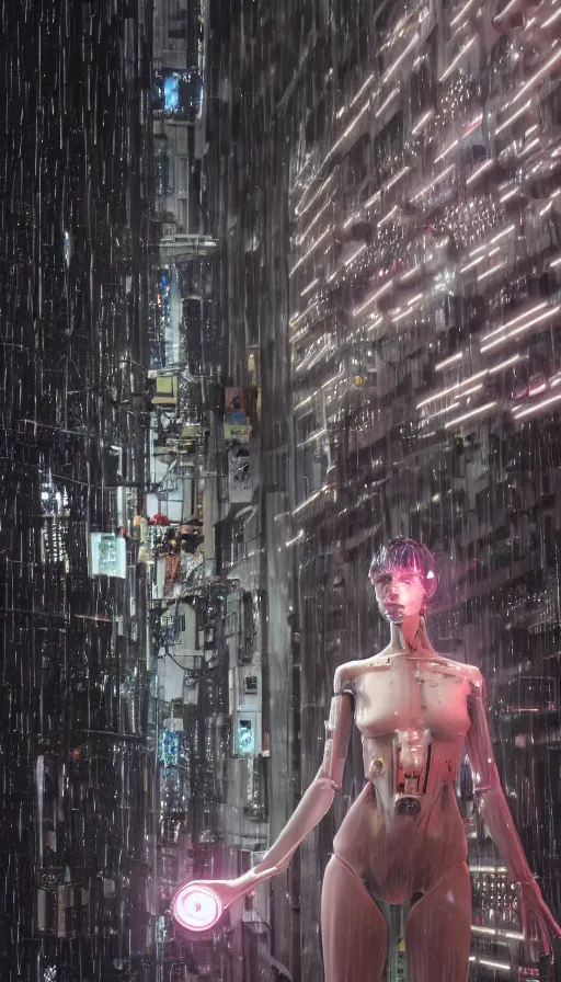 Image similar to thin female bio-mechanical cyborg, wet tiny LED lights illuminate, night time, drizzling raining, rooftop downtown tokyo, atmospheric broken wires exposed, wet machine parts, perfect anatomy, full body portrait, based on Saroyama, centered body portrait, photorealistic, 8K, octane render, volumetric lighting, Unreal Engine, trending on Artstation, hyper realistic, cinematic