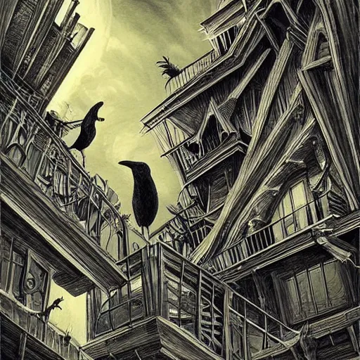 Image similar to crows at a architectural complex with an occult witch by Android Jones and M. C. Escher collaboration, futurist, digital art, dramatic lighting, symbolic