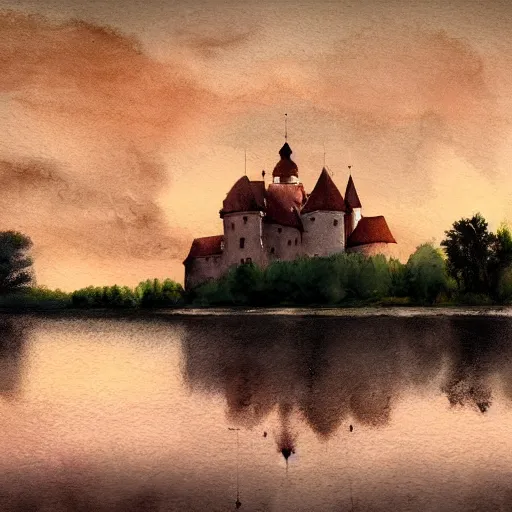 Image similar to cinematic shot of trakai castle during sunset, watercolor painting, jakub rozalski, artstation