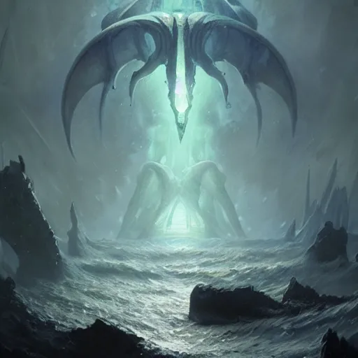 Image similar to Ph'nglui mglw'nafh Cthulhu R'lyeh wgah'nagl fhtagn | painting by Greg Rutkowski