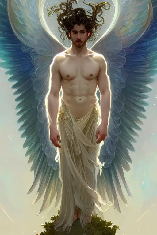 Prompt: full figure beautiful young fit male angel with curly blond hairs, dressed with fluent clothes, majestic wings, luminous halo, by greg rutkowski and alphonse mucha, d & d character, gradient white to gold, in front of an iridescent background, highly detailed portrait, digital painting, artstation, concept art, smooth, sharp focus illustration, artstation hq