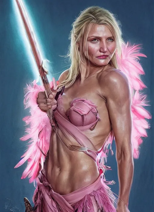 Image similar to serious looking Cameron Diaz as a ruggedly handsome heroine wearing pink feathers and wielding a glowing bow, intricate, elegant, tasteful, highly detailed, centered, digital painting, artstation, concept art, smooth, sharp focus, illustration, art by artgerm and donato giancola and Joseph Christian Leyendecker, WLOP