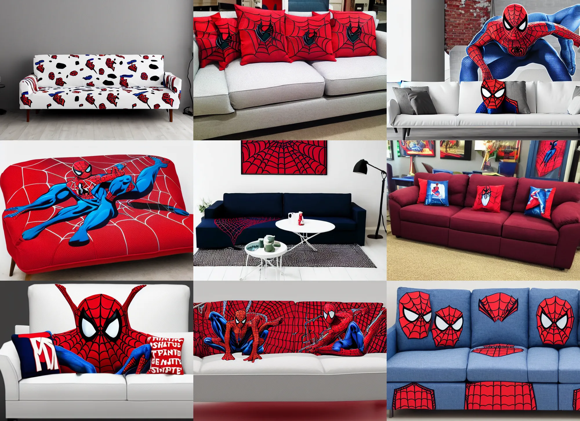 Prompt: spiderman themed couch on a white background, the full entire couch