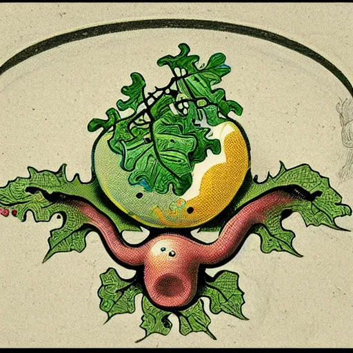 Image similar to a Giraud vintage logo with, toads, eggs, a vine ivy and eyes and octupus