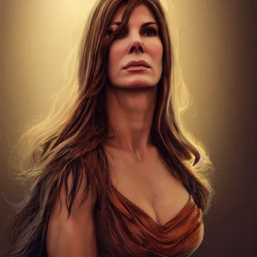 Image similar to hyperrealist portrait of sandra bullock as lady godiva, fantasy art, photo realistic, dynamic lighting, artstation, poster, volumetric lighting, very detailed faces, 4 k, award winning