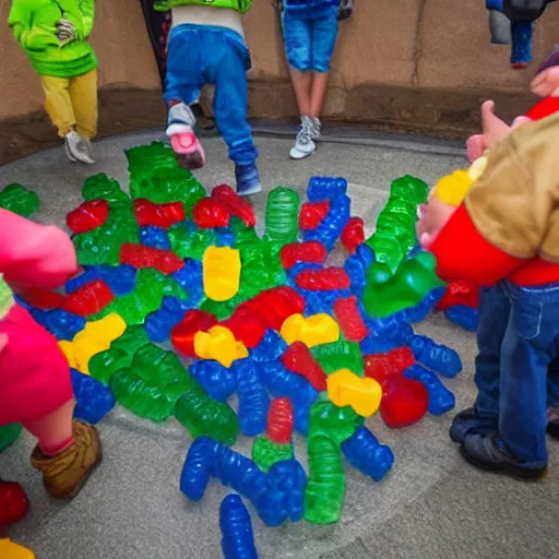 Prompt: gummi bears free candy prisoners from the candy store.