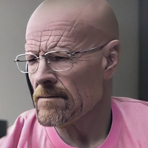 Image similar to close up, cropped award winning photo of walter white wearing pink headphones and sitting at his desk gaming, incredibly detailed, sharp focus, hyper realistic