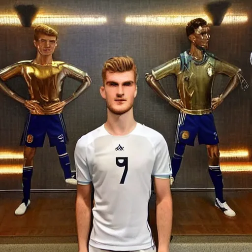 Image similar to a realistic detailed photo of a guy who is an attractive humanoid who is half robot and half humanoid, who is a male android, soccer player timo werner, shiny skin, posing like a statue, blank stare, in a living room, on display, showing off his muscles, gold soccer shorts