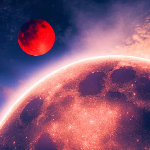 Prompt: The red moon and the blue moon collide, 4k, cg, photorealistic