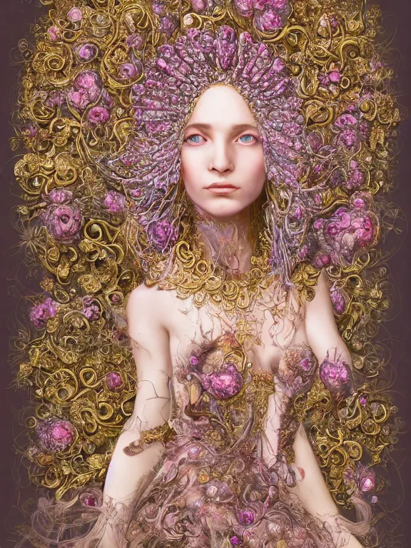Prompt: a beautiful portrait render of baroque young lady who has perfect human face and dramatic headdress with intricate fractals of flowers and star made of crystals, by Billelis and aaron horkey and peter gric and Nekro and Virginie Ropars,ZBrush,hyperreal,pearlescent,jewelry,gold,pink,maximalist