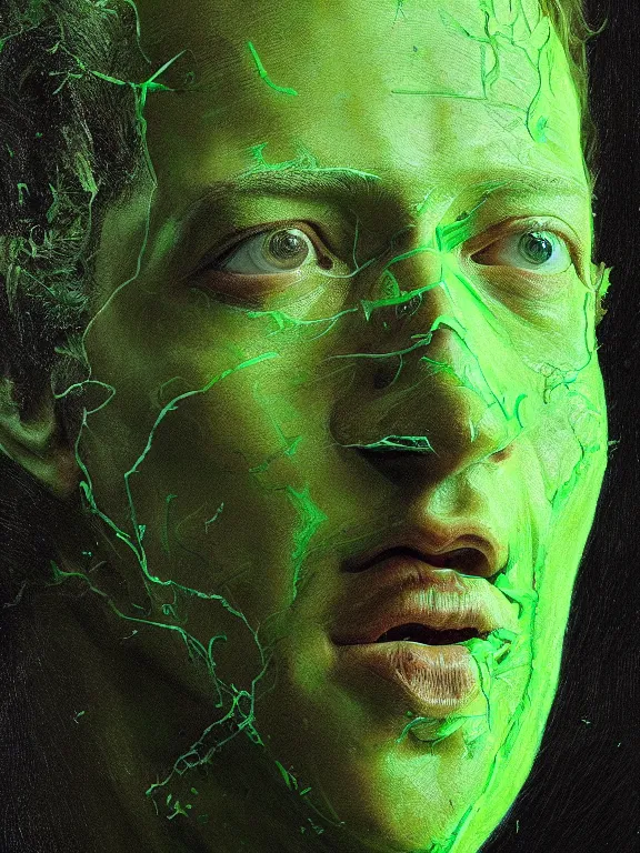 Image similar to portrait of a mark zuckerberg, skin peeling away to reveal bright green! reptile! skin!, art by ryo shiotani and greg rutkowski, intricate, beautiful, cinematic lighting, vintage art by serge ivanoff, high resolution, very detailed