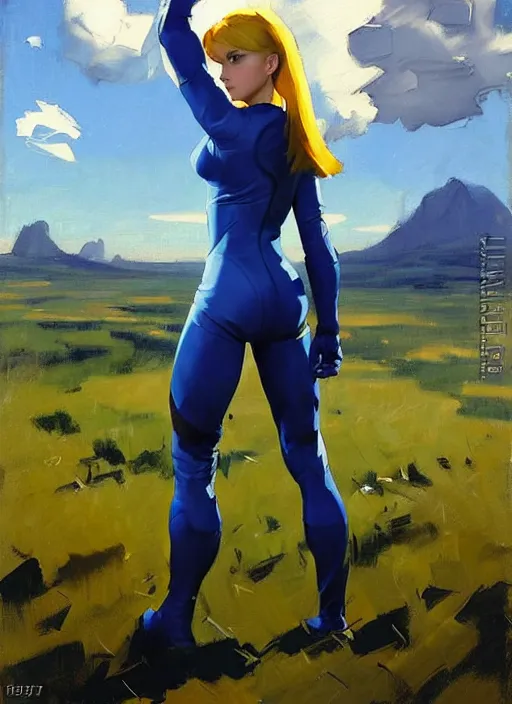 Image similar to Greg Manchess painting of Zero Suit Samus, countryside, calm, fantasy character portrait, dynamic pose, above view, sunny day, thunder clouds in the sky, artwork by Jeremy Lipkin and Giuseppe Dangelico Pino and Michael Garmash and Rob Rey, very coherent asymmetrical artwork, sharp edges, perfect face, simple form, wacky, 100mm