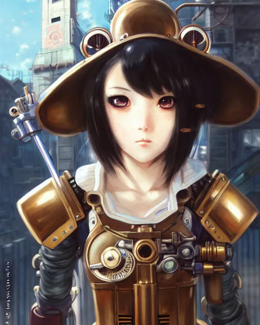 Image similar to portrait Anime Girl in mechanical armor steampunk cute-fine-face, pretty face, realistic shaded Perfect face, fine details. Anime. Bioshock steampunk realistic shaded lighting by katsuhiro otomo ghost-in-the-shell, magali villeneuve, artgerm, rutkowski Jeremy Lipkin and Giuseppe Dangelico Pino and Michael Garmash and Rob Rey