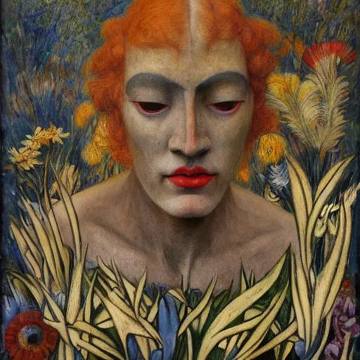 Image similar to facemask made of flowers, by annie swynnerton and jean delville and edward hopper and evelyn de morgan and rufino tamayo, dark flower shaman, art brut, outsider art, symbolist, dramatic lighting, god rays, elaborate geometric ornament, clean crisp graphics, smooth sharp focus, extremely detailed, adolf wolfli