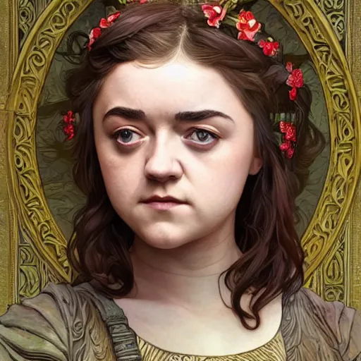 Image similar to maisie williams as beautiful natural coy cottagecore goddess maiden, master life drawing, intricate, elegant, highly detailed, digital painting, artstation, concept art, smooth, sharp focus, illustration, art alphonse mucha and james gurney and marc simonetti and wlop