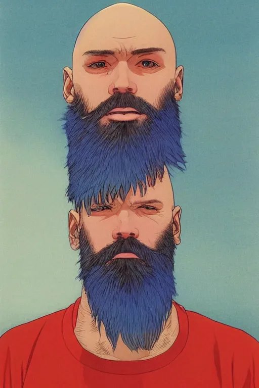 Image similar to a colorful closeup portrait of a young bald man with a very long wild beard dreaming psychedelic hallucinations in the vast icy landscape of antarctica, by kawase hasui, moebius and edward hopper, colorful flat surreal design, hd, 8 k, artstation