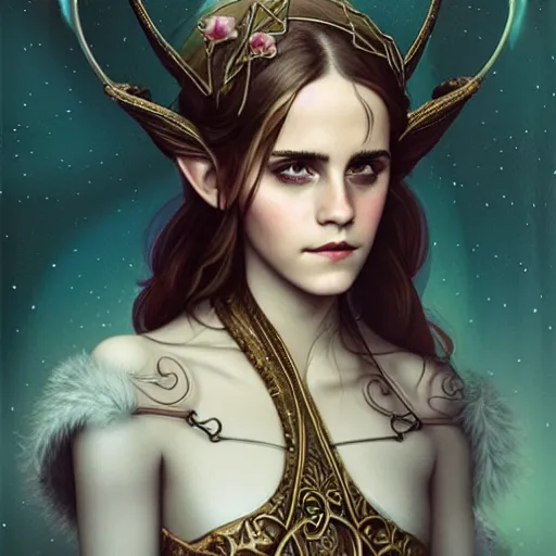 Image similar to Studio portrait of Emma Watson as a fantasy elf, art nouveau, Tom Bagshaw