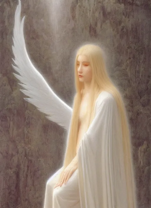 Image similar to thin young beautiful angel with silver hair, pale!, wearing white robes!, wearing hair, golden goddess, young adorable korean face, silver hair!!, oil on canvas, style of jean delville, 4 k resolution, aesthetic!,