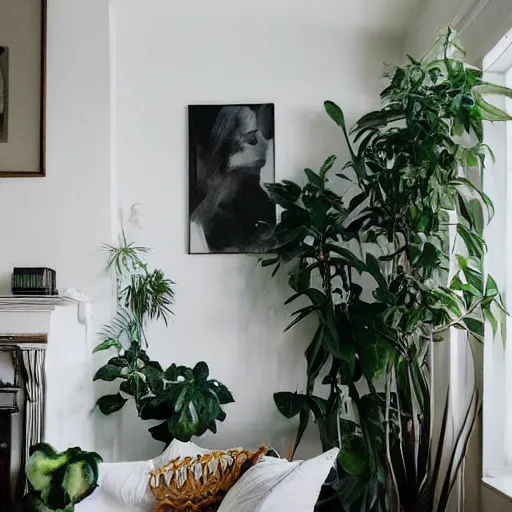 Image similar to a living room with plants and a painting on the wall, featured on tumblr, light and space, sanctuary, soft light, aesthetic