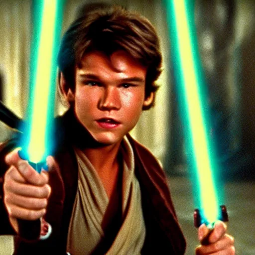 Image similar to A full color still from a film of a teenage Han Solo as a Jedi padawan holding a lightsaber hilt, from The Phantom Menace, directed by Steven Spielberg, 35mm 1990