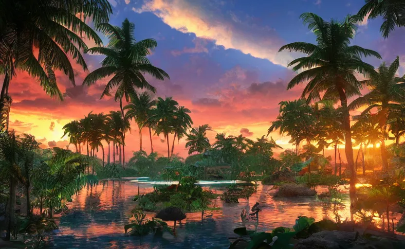 Image similar to a tropical resort in a jungle paradise, with a beautiful red and blue sunset, dynamic lighting, photorealistic fantasy concept art, trending on art station, stunning visuals, creative, cinematic, ultra detailed, ray tracing, sun rays, native tribes, wonderous waters, amazing detail