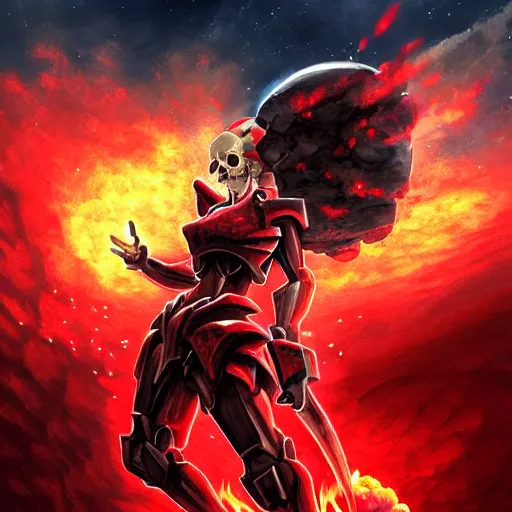 Prompt: A tall women with red skin with a magma texture. And a skull drooling with fire. In anime style, dark color. explosions, ultra wide angle, panoramic, fish eye, colorfull painting, centered, front, horizont, outline, stars, gundam, mech, detailed, art by Stephan Martiniere, 4k resolution