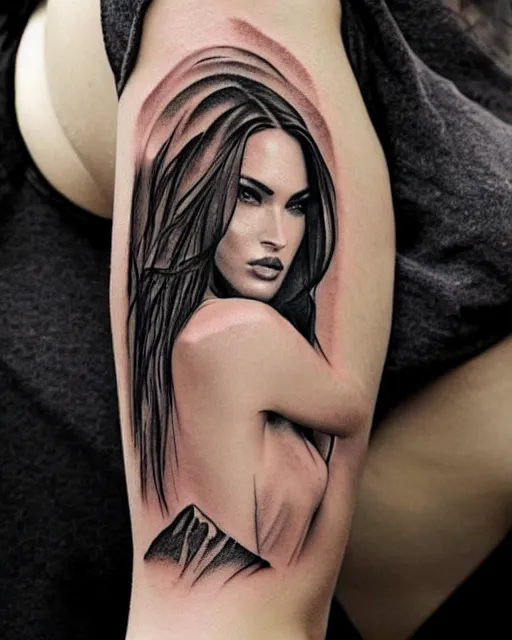 Prompt: tattoo design sketch of megan fox with amazing mountain scenery, double exposure effect, realism tattoo, in the style of den yakovlev, amazing detail, sharp