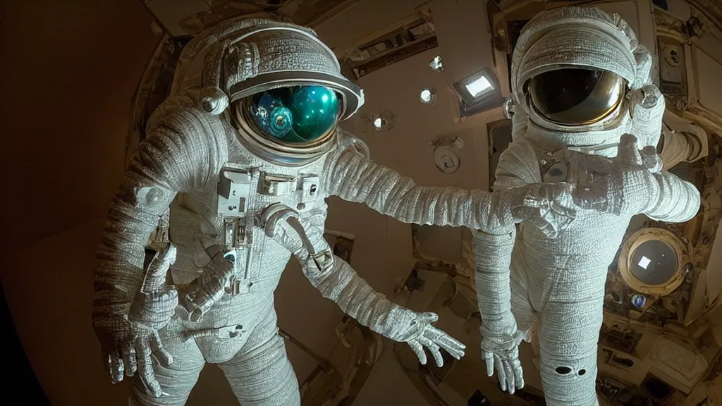 Image similar to a single astronaut eva suit made of diamond 3d fractal lace iridescent bubble 3d skin and covered with insectoid compound eye camera lenses floats through the living room, film still from the movie directed by Denis Villeneuve with art direction by Salvador Dalí, wide lens,