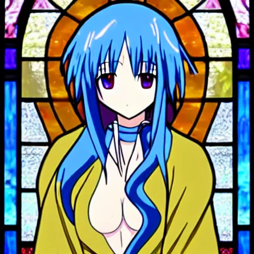 Prompt: rimuru tempest from that time i got reincarnated as a slime melting into a slime, stained glass, baroque, holy, sacred