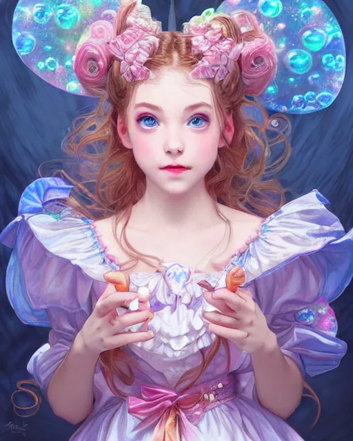 Image similar to portrait of magical lolita girl, dreamy and ethereal, expressive pose, big blue eyes, exciting expression, fantasy, intricate, elegant, many rainbow bubbles, rose tones, highly detailed, digital painting, artstation, concept art, cyberpunk wearing, smooth, sharp focus, illustration, art by artgerm and greg rutkowskiand alphonse mucha