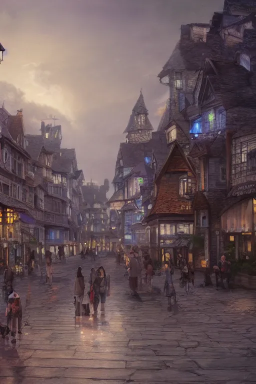 Image similar to Bree town square in the evening, detailed matte painting, cinematic, Alan Lee, Artstation