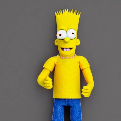 Image similar to bart simpson as a muppet with yellow skin, pointy hair, orange tshirt. highly detailed felt. hyper real photo. 4 k.