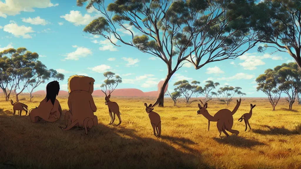 Prompt: australia, outback, uluru, kangaroos, ghibli style, makoto shinkai