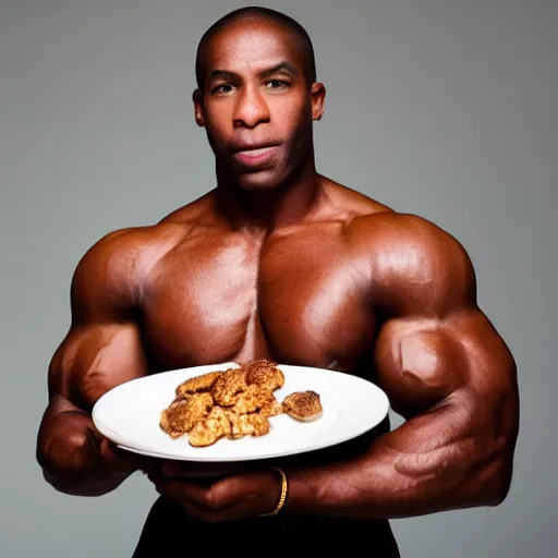 Prompt: photography of a muscular black man with a plate full of biacuits